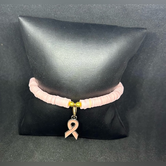 Light Pink Ribbon (Awareness) Heishi Charm Bracelet - Picture 1 of 7